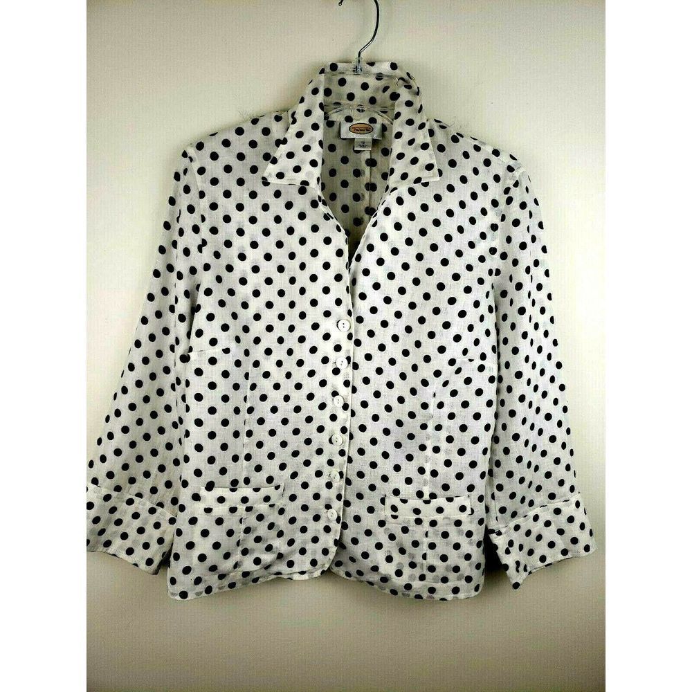 Talbots Vintage Linen Blouse Jacket Polka Dot Button Front Cropped Top